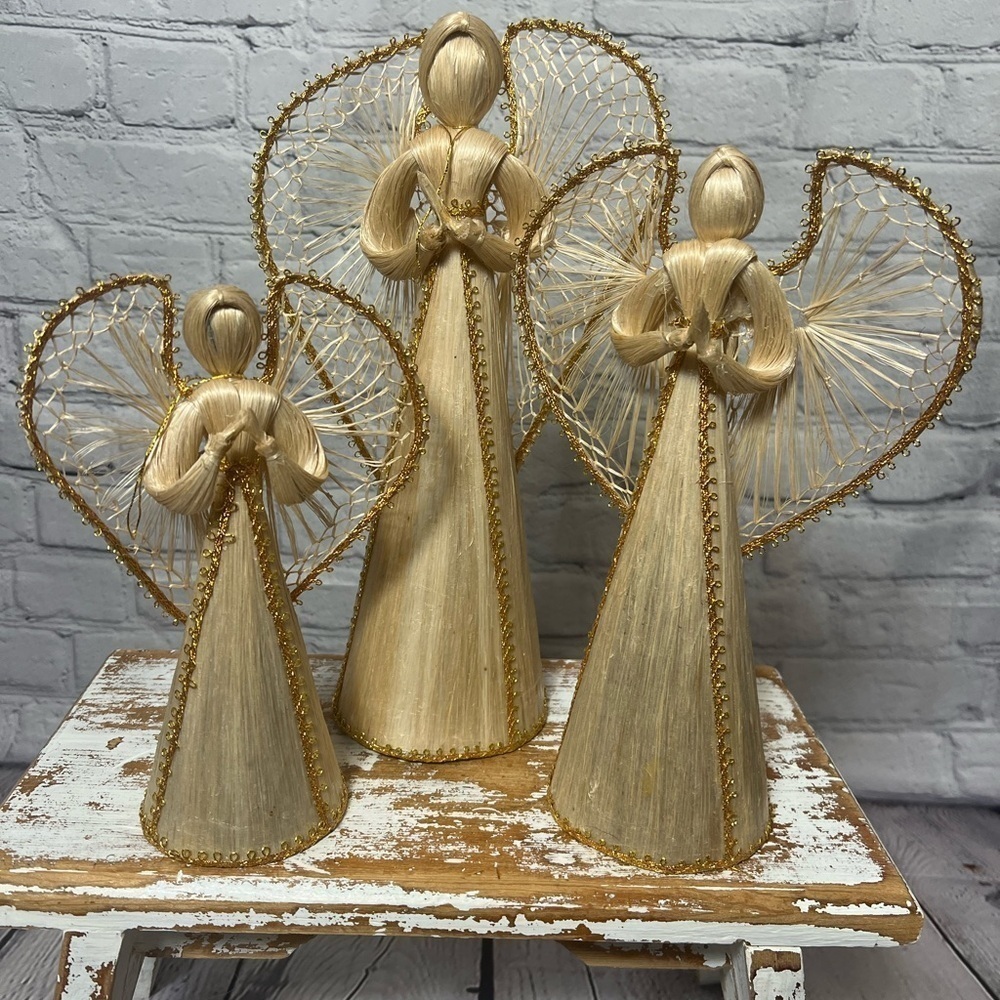 Vintage trio of corn silk angels with gold trim